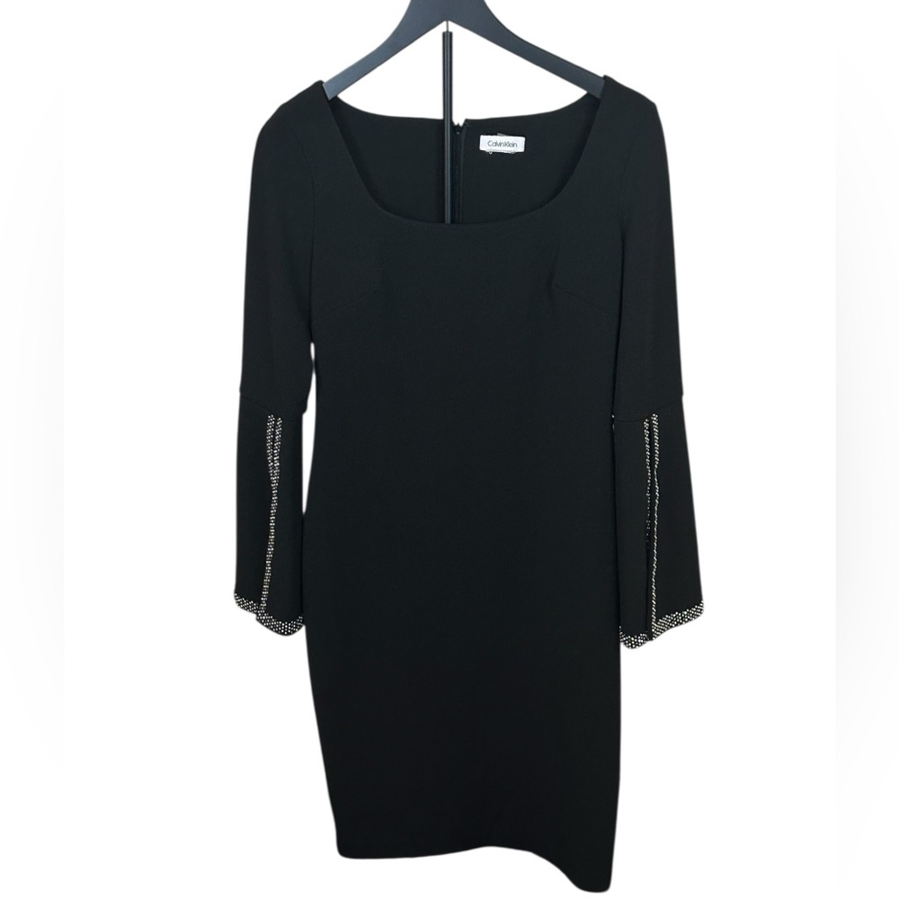 Calvin Klein Black Dress Rhinestone Bell Sleeve Size M Sparkle Party!